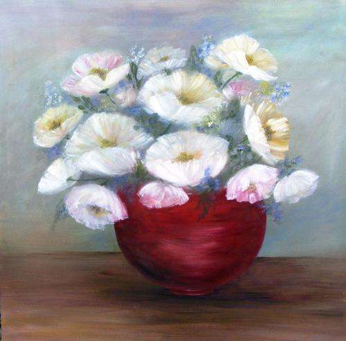 White poppies in red vase  -  OIL  -  450mm x 450mm