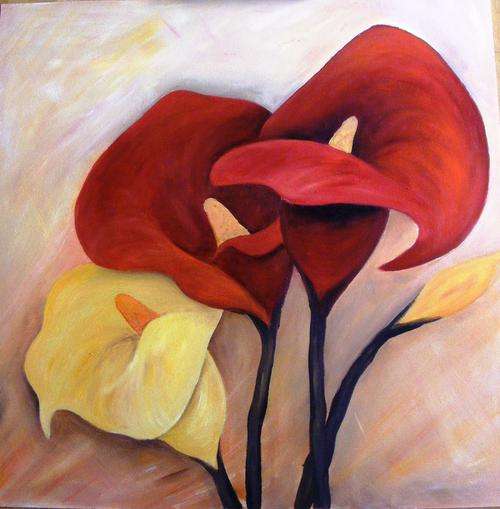Red and yellow lilies in oil  -  450mm x 450mm