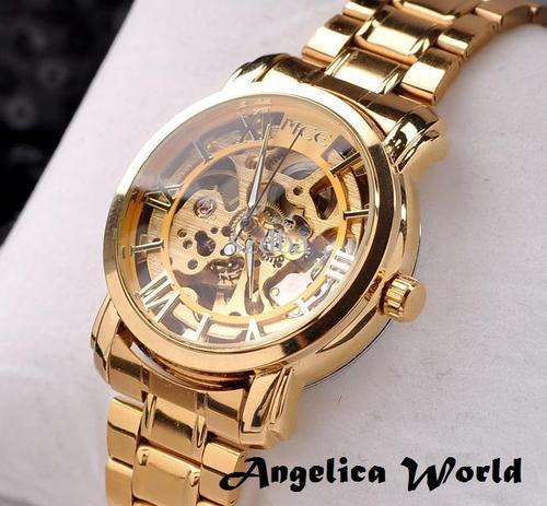 2013 Gold Watch Mens Skeleton Mechanical Fashion Luxury Watch Stainless Steel