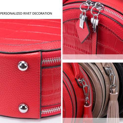 Circular Crossbody Bags for Women, Genuine Leather Ladies Round Handbags