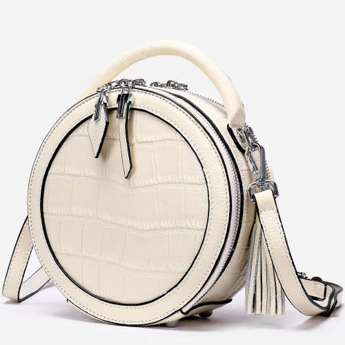 Circular Crossbody Bags for Women, Genuine Leather Ladies Round Handbags