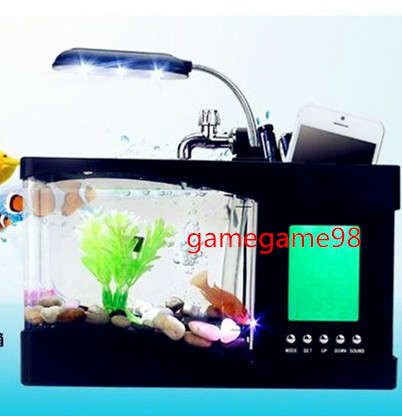 USB Mini Fish Tank With Desktop Lamp Electron Permanent Calendar Pen Container, ideal gift !