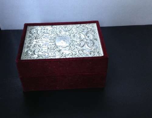 Velvet trinket box with silver plated  embossed lid