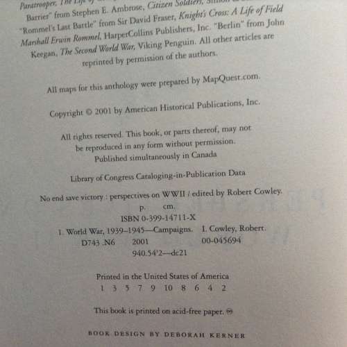 No End Save Victory, Perspectives on World War II, edited by Robert Cowley, First Edition