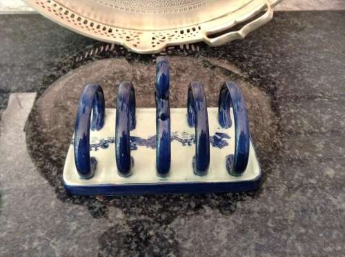 Vintage Ironstone blue and white letter rack, card holder toast rack