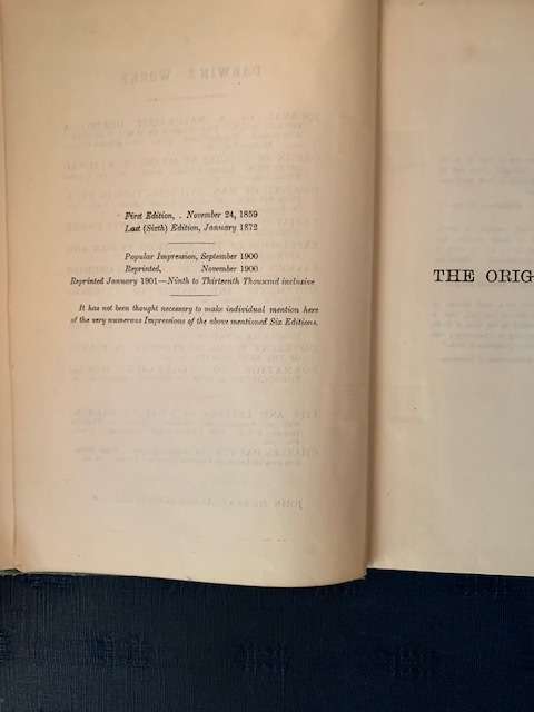 Origins of Species by C. Darwin, 1901 First Edition