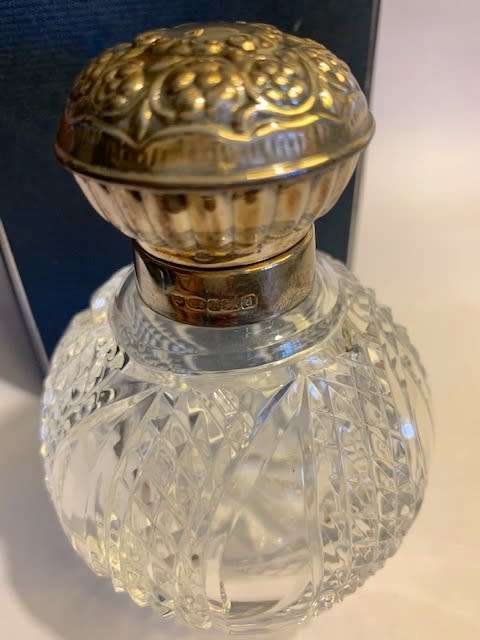 Sterling silver and cut glass globe perfume bottle