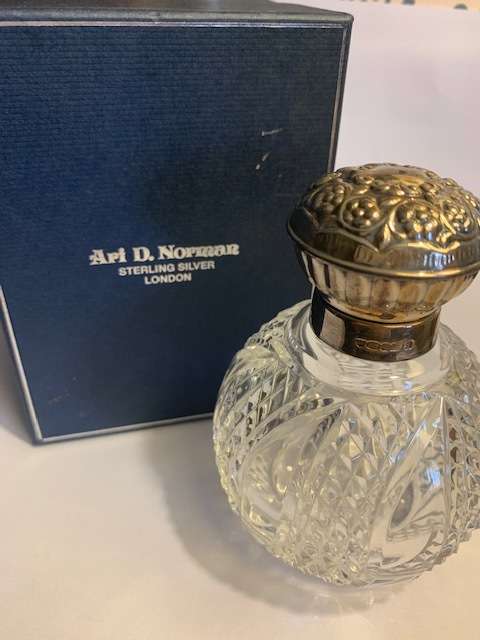 Sterling silver and cut glass globe perfume bottle