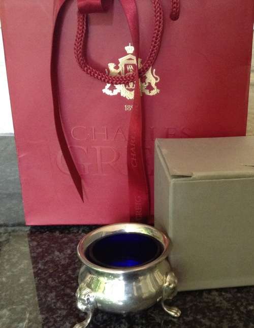 ENGLISH STERLING SILVER FOOTED SALT CELLAR with COBALT LINER,