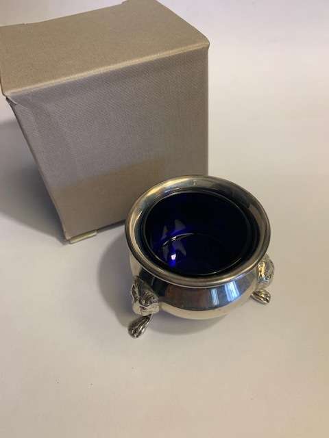 ENGLISH STERLING SILVER FOOTED SALT CELLAR with COBALT LINER,