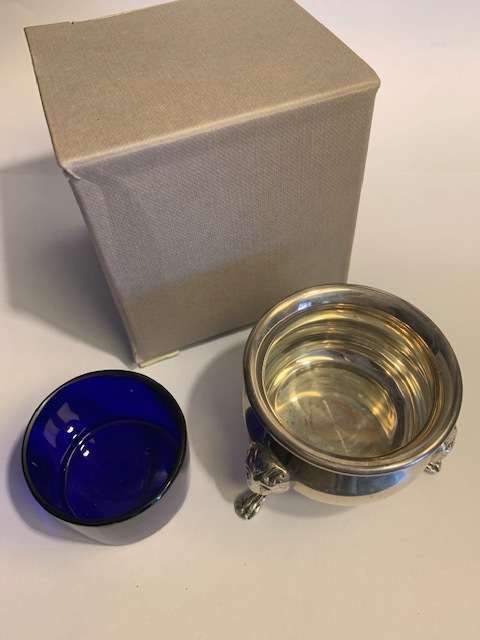 ENGLISH STERLING SILVER FOOTED SALT CELLAR with COBALT LINER,