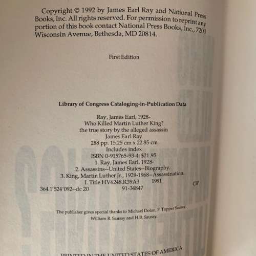 Who Killed Martin Luther King by James Earl Ray, First Edition  The true story.