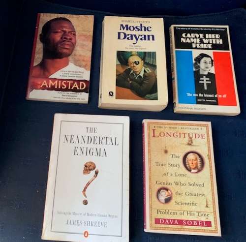 Set of five books, Amistad, Moshe Dayaan,  The Neanderthal Enigma
