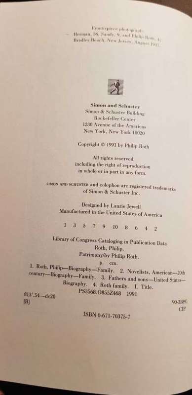 Philip Roth, First Edition, Patrimony, a true story