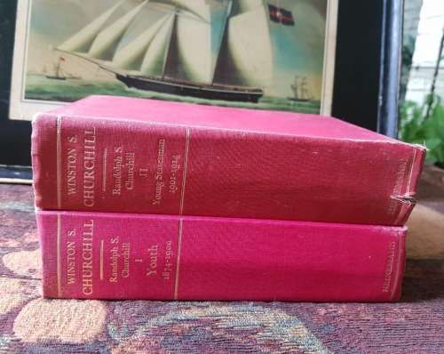Winston S.Churchill, First Editions! Youth I, & Young Statesman II, & framed picture of Schooner