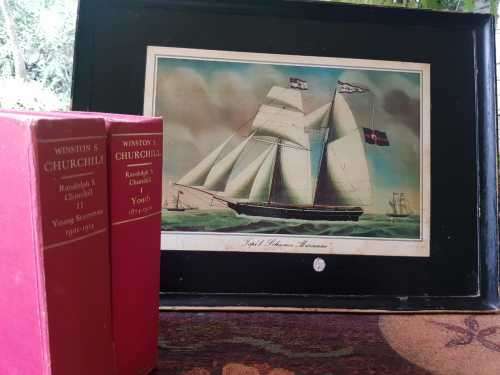 Winston S.Churchill, First Editions! Youth I, & Young Statesman II, & framed picture of Schooner