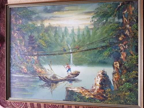 Chinese Asian Oriental Oil on Board Painting Framed Vintage