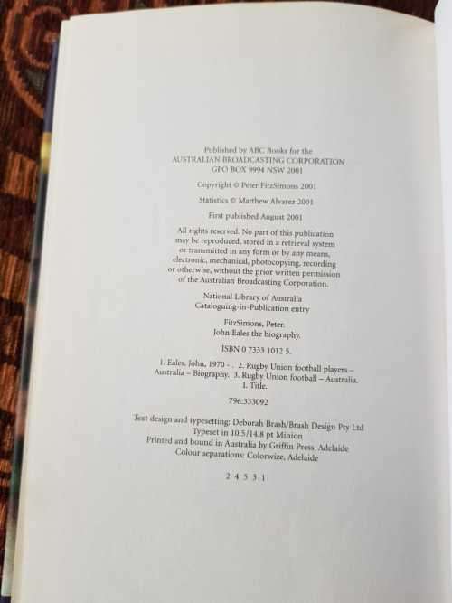 John Eales First Edition The Biography by Peter Firtz Simons RUGBY
