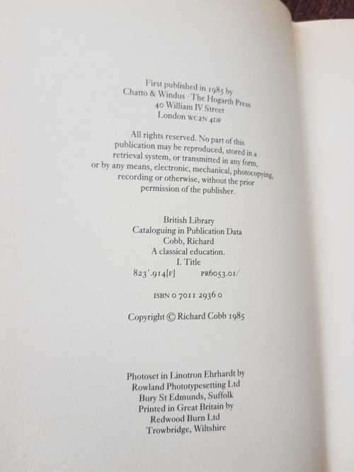 Richard Cobb A Classical Education, First Edition