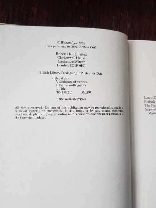 A Dictionary of Pianist, First Edition by Wilson Lyle