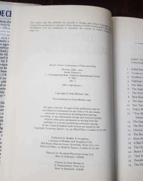 Inside Christies, First Edition by John Herbert