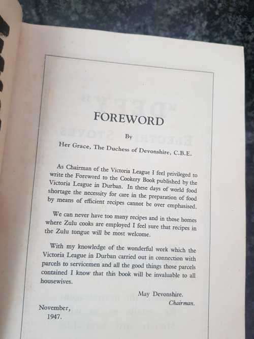 Victoria League - Cookery Book (Durban)  Forward by Her Grace, The Duchess of Devonshire