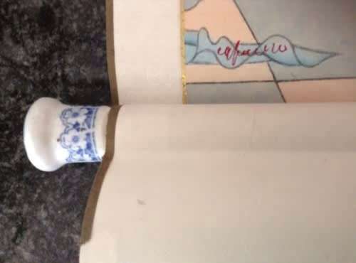 Oriental Asian scroll Blue and White porcelain roller Stamped