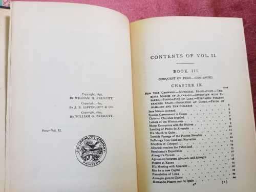 Prescotts Conquest of Peru (1874 First Edition) Vol I and Vol II by John Foster Kirk