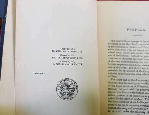 Prescotts Conquest of Peru (1874 First Edition) Vol I and Vol II by John Foster Kirk