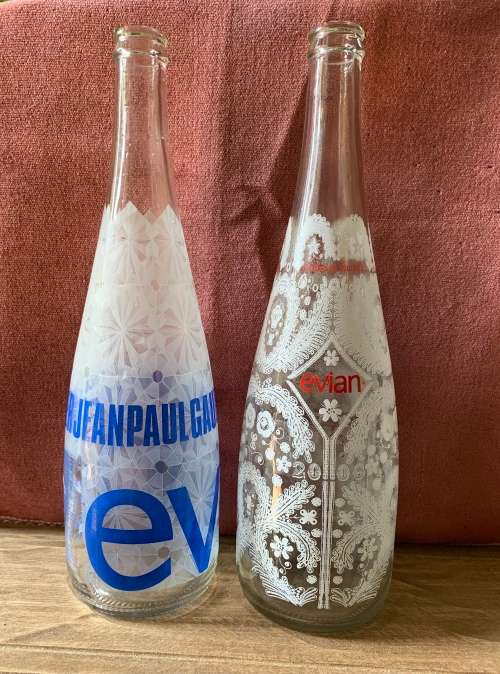 JEAN PAUL GAULTIER and CHRISTIAN LACROIX Limited Edition EVIAN Glass COLLECTABLE Bottles.