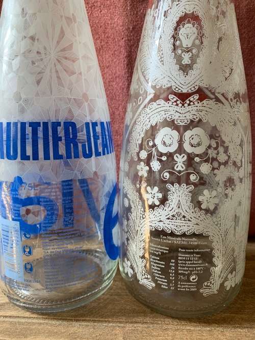 JEAN PAUL GAULTIER and CHRISTIAN LACROIX Limited Edition EVIAN Glass COLLECTABLE Bottles.