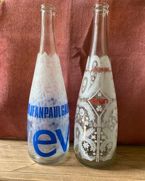 JEAN PAUL GAULTIER and CHRISTIAN LACROIX Limited Edition EVIAN Glass COLLECTABLE Bottles.