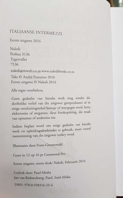 Afrikaans Italiaanse intermezzi - Reissketse SIGNED /GETEKEN Andre Pretorius eerste uitgawe