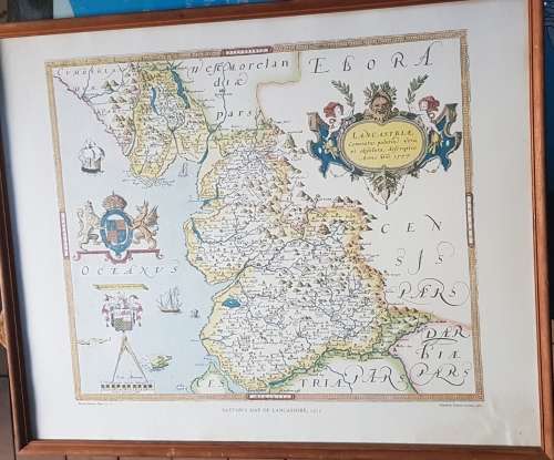 SAXTON'S MAP OF LANCHASHIRE 1577 PRINTED IN 1966 MAP FRAMED