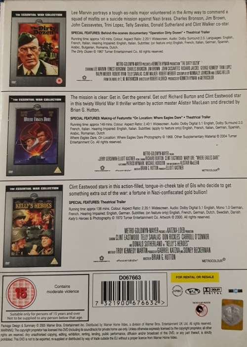 3 CLASSIC DVDS DIRTY DOZEN KELLY`S HEROES WHERE EAGLES DARE