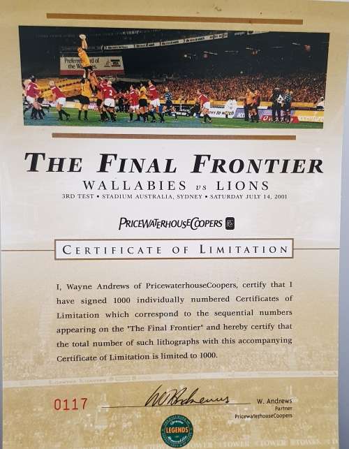 Wallabies v Lions  THE FINAL FRONTIER LIMITED EDITION NO 117 Certificate of Limitation Signed RUGBY