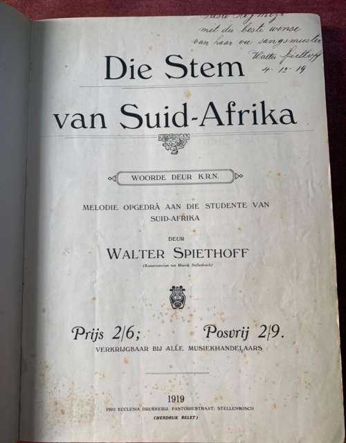 Die Stem van Suid Afrika Signed & enscribed by  Walter Spiethoff