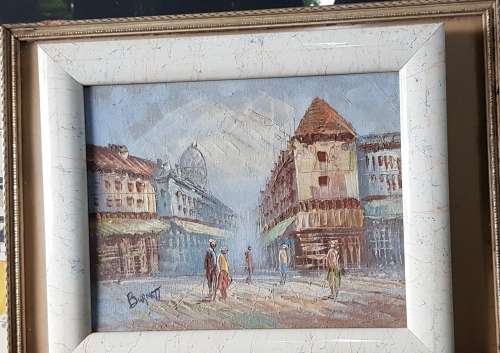 Caroline Burnett signed Parisian street scene Oil on Board