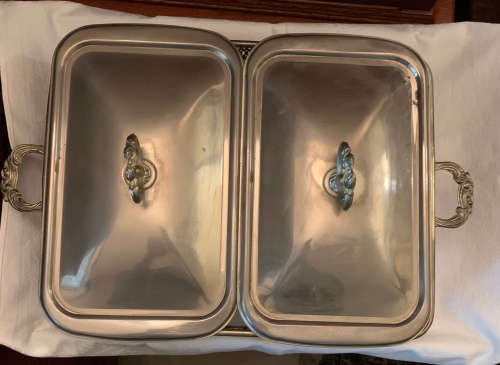 Vintage Chafing dish footed double with rectangular casserole dishes, dish base and lids included.