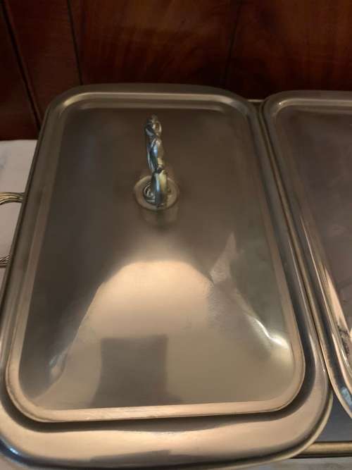Vintage Chafing dish footed double with rectangular casserole dishes, dish base and lids included.