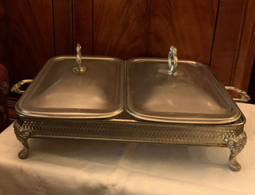 Vintage Chafing dish footed double with rectangular casserole dishes, dish base and lids included.