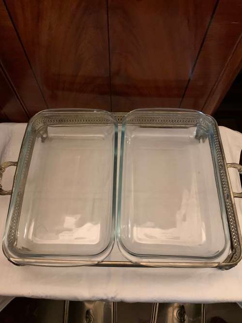 Vintage Chafing dish footed double with rectangular casserole dishes, dish base and lids included.