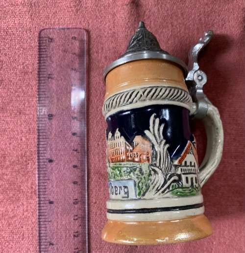 Vintage German Heidelberg ceramic beer mug with pewter lid
