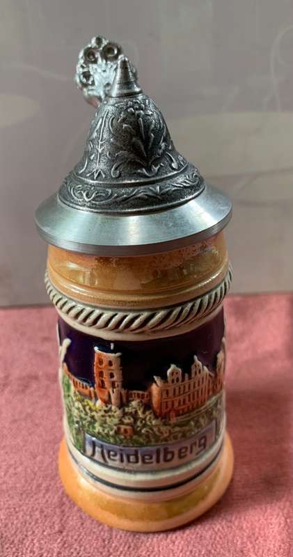 Vintage German Heidelberg ceramic beer mug with pewter lid