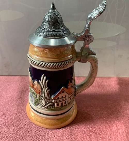 Vintage German Heidelberg ceramic beer mug with pewter lid