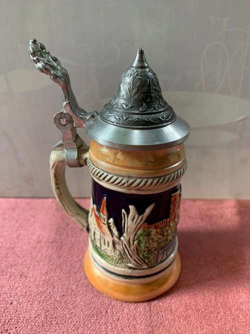 Vintage German Heidelberg ceramic beer mug with pewter lid