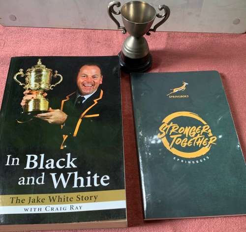 Springboks in Black and White Signed Copy & Springboks Notebook with Trophy
