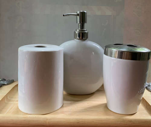 Bathroom Set - White Ceramic Lotion Dispenser, Toothbrush Holder, Liquid Soap Container