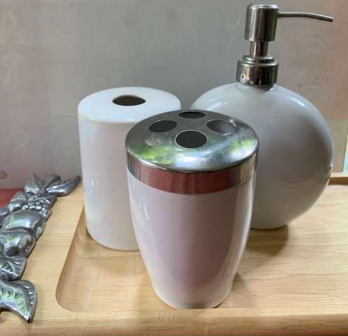 Bathroom Set - White Ceramic Lotion Dispenser, Toothbrush Holder, Liquid Soap Container
