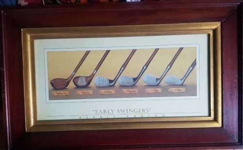 Golf  / Bernie Horton print in a chunky mahogany frame